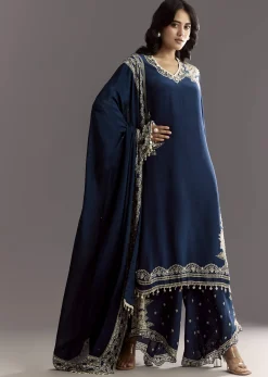 Navy Blue Crepe Moti Work Kurta With Printed Palazzo Dupatta