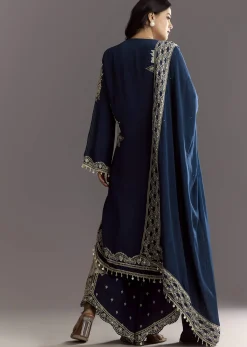 Navy Blue Crepe Moti Work Kurta With Printed Palazzo Dupatta