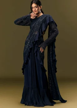 Navy Blue Crepe Ready Pleated Saree With Full Sleeve High Neck Blouse