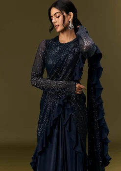 Navy Blue Crepe Ready Pleated Saree With Full Sleeve High Neck Blouse
