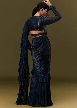 Navy Blue Crepe Ready Pleated Saree With Full Sleeve High Neck Blouse