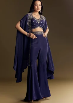 Navy Blue Crop Top Set With Silver Zardozi Cape