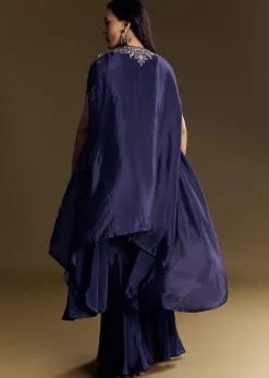 Navy Blue Crop Top Set With Silver Zardozi Cape