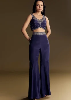 Navy Blue Crop Top Set With Silver Zardozi Cape