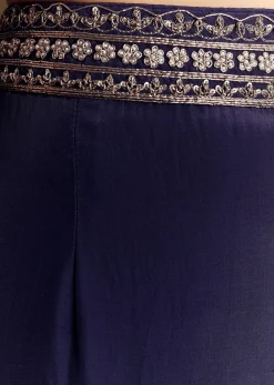 Navy Blue Crop Top Set With Silver Zardozi Cape
