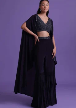 Navy Blue Cut Dana Embroidered Sharara And Blouse Set With Shrug in Satin