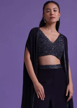 Navy Blue Cut Dana Embroidered Sharara And Blouse Set With Shrug in Satin