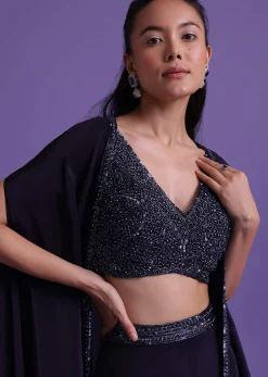 Navy Blue Cut Dana Embroidered Sharara And Blouse Set With Shrug in Satin