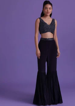 Navy Blue Cut Dana Embroidered Sharara And Blouse Set With Shrug in Satin