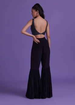 Navy Blue Cut Dana Embroidered Sharara And Blouse Set With Shrug in Satin