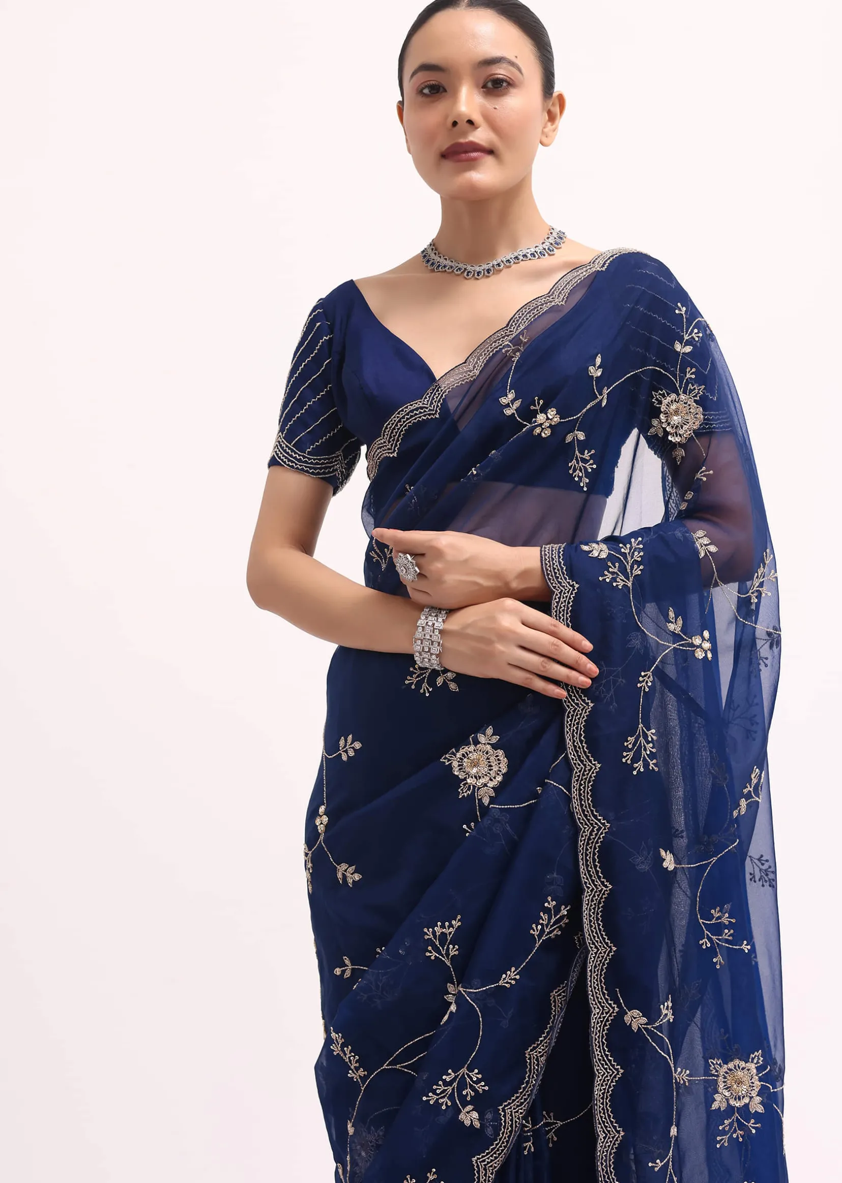 Navy Blue Cutdana Embroidered Saree With Unstitched Blouse