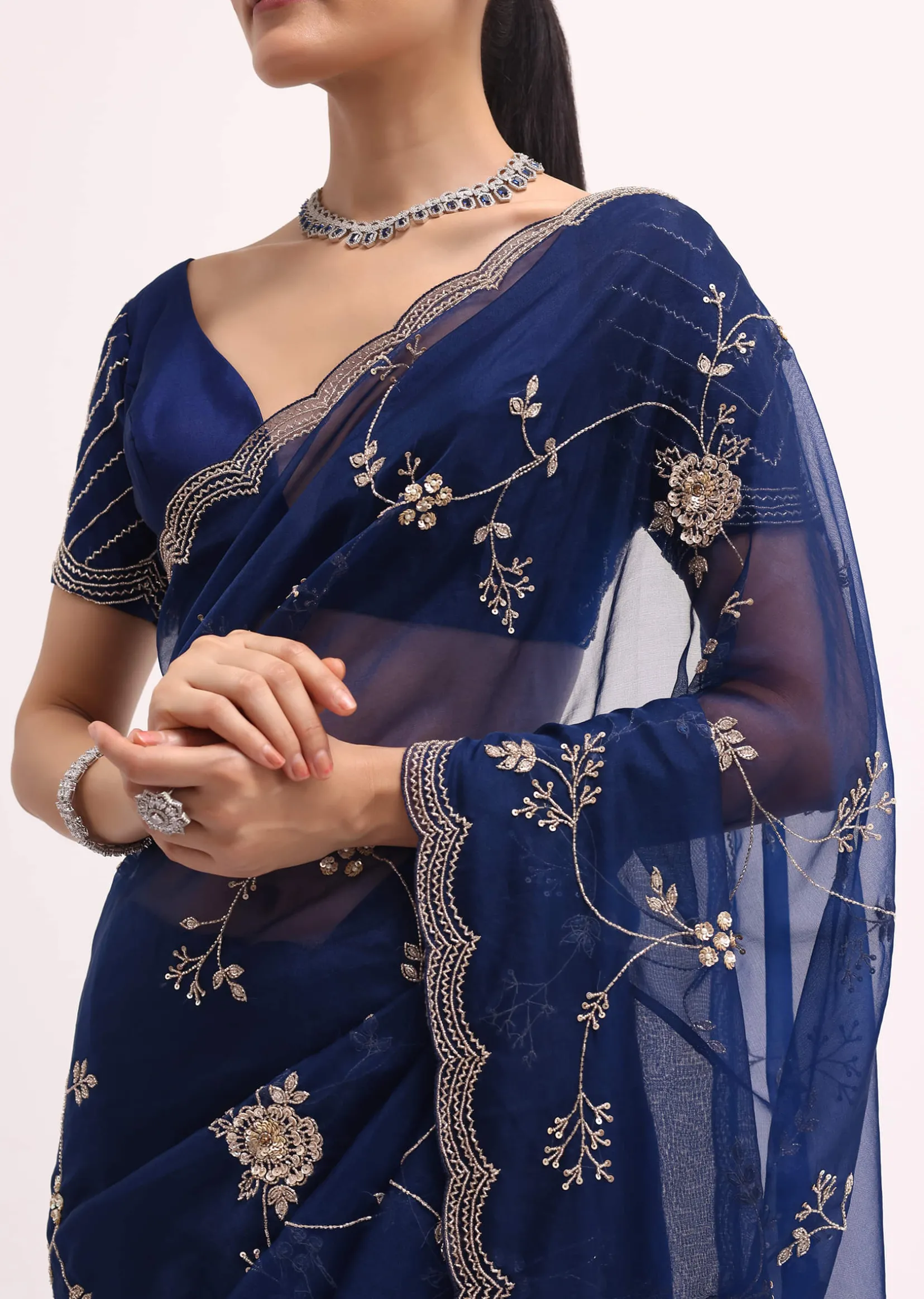 Navy Blue Cutdana Embroidered Saree With Unstitched Blouse
