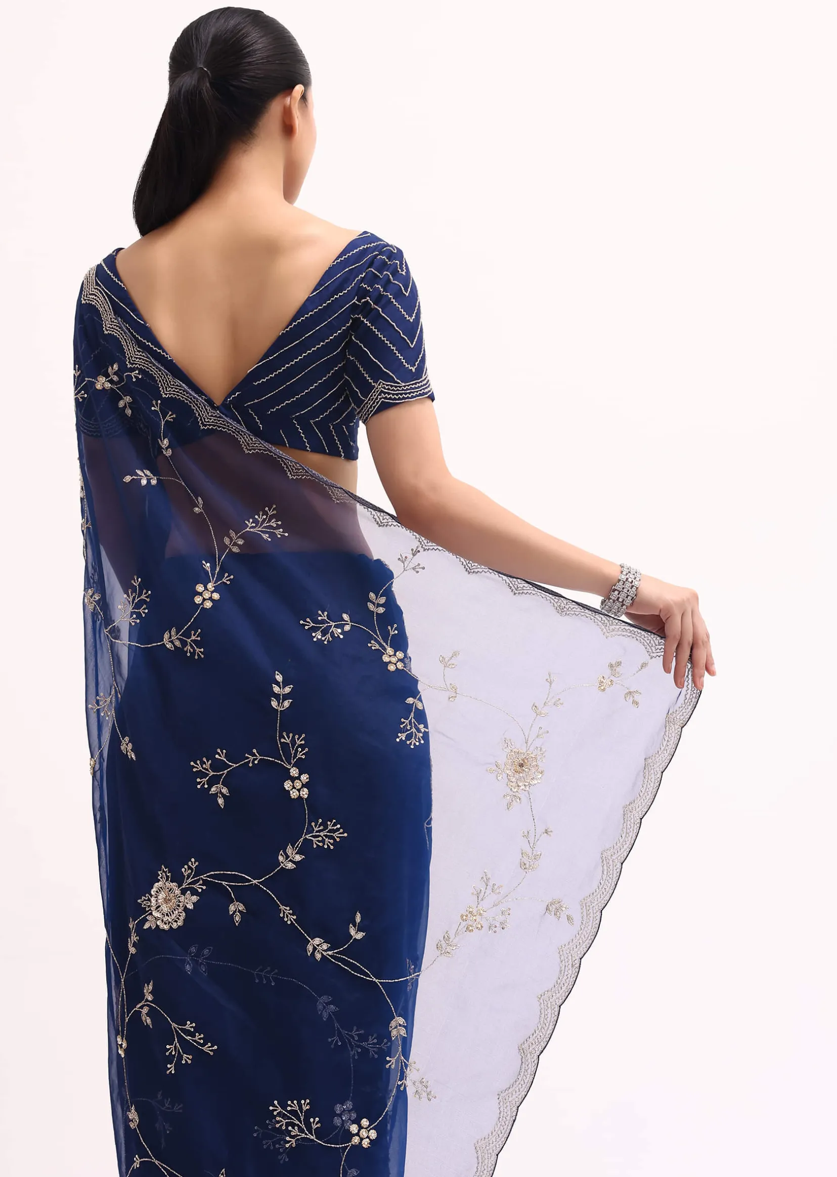 Navy Blue Cutdana Embroidered Saree With Unstitched Blouse