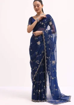 Navy Blue Cutdana Embroidered Saree With Unstitched Blouse