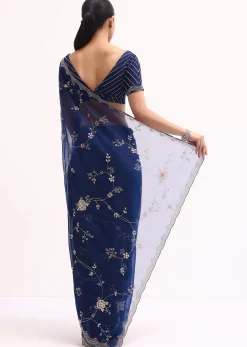 Navy Blue Cutdana Embroidered Saree With Unstitched Blouse