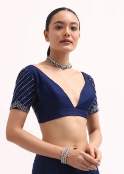 Navy Blue Cutdana Embroidered Saree With Unstitched Blouse