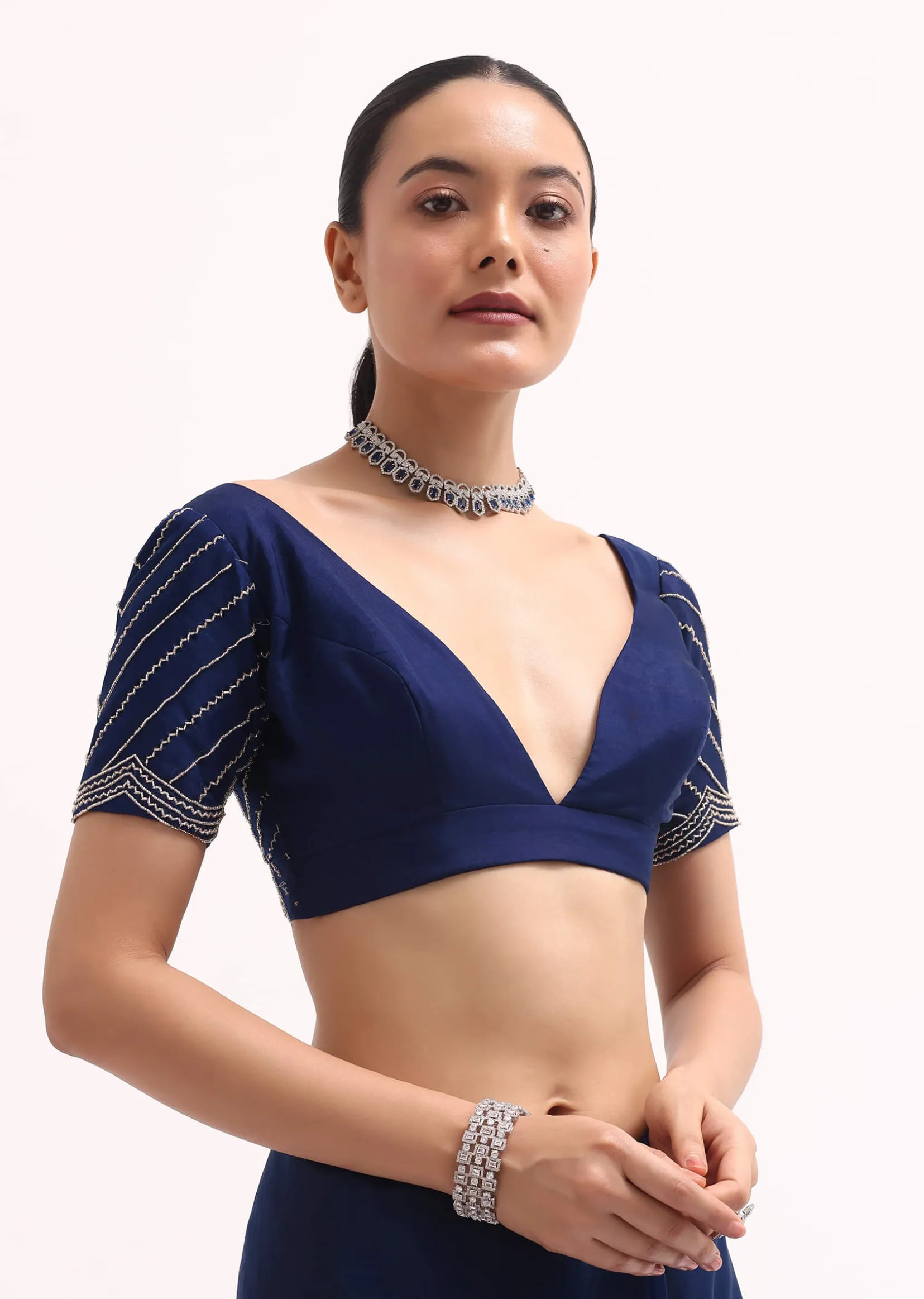 Navy Blue Cutdana Embroidered Saree With Unstitched Blouse