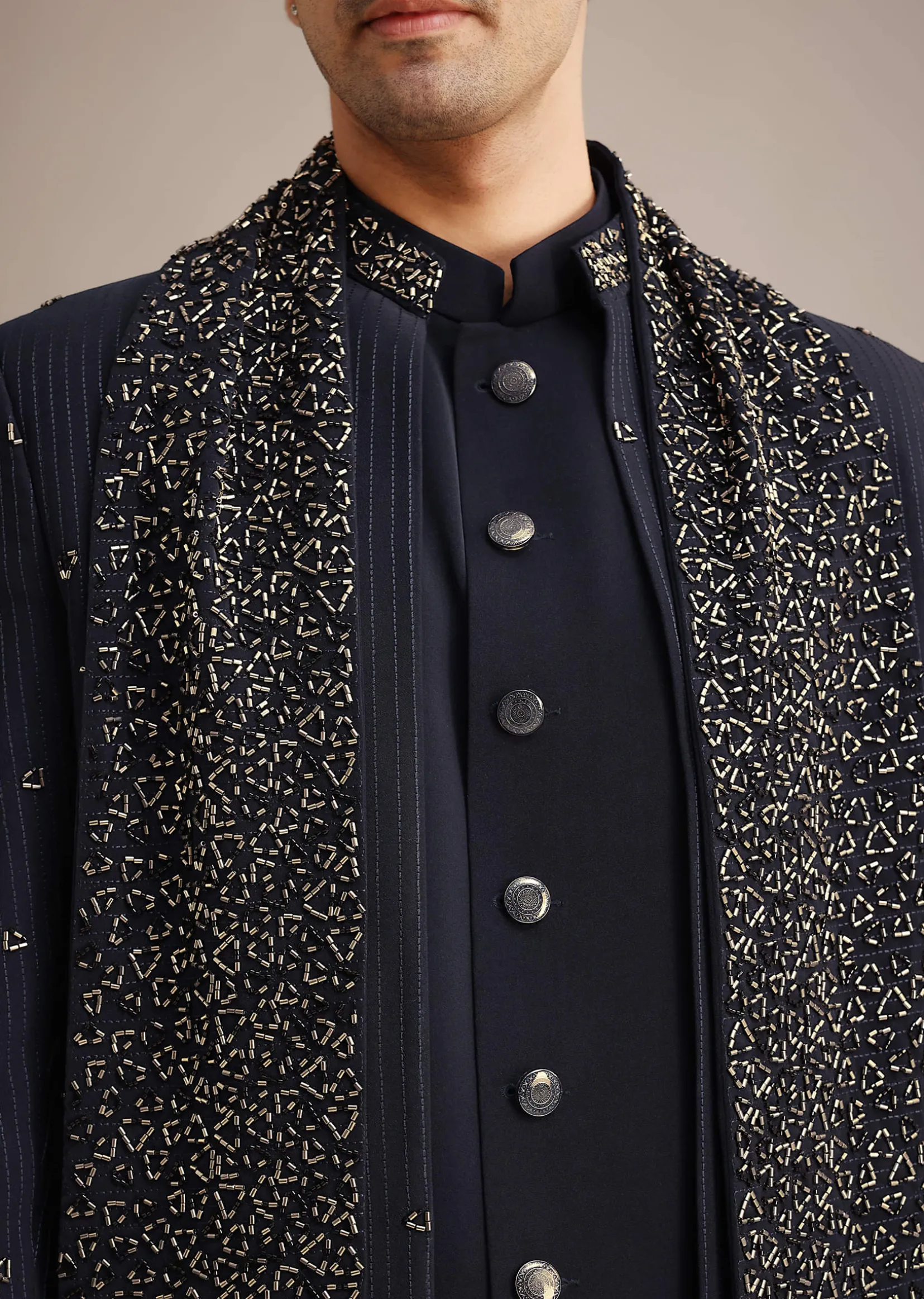 Navy Blue Cutdana Work Indowestern Set