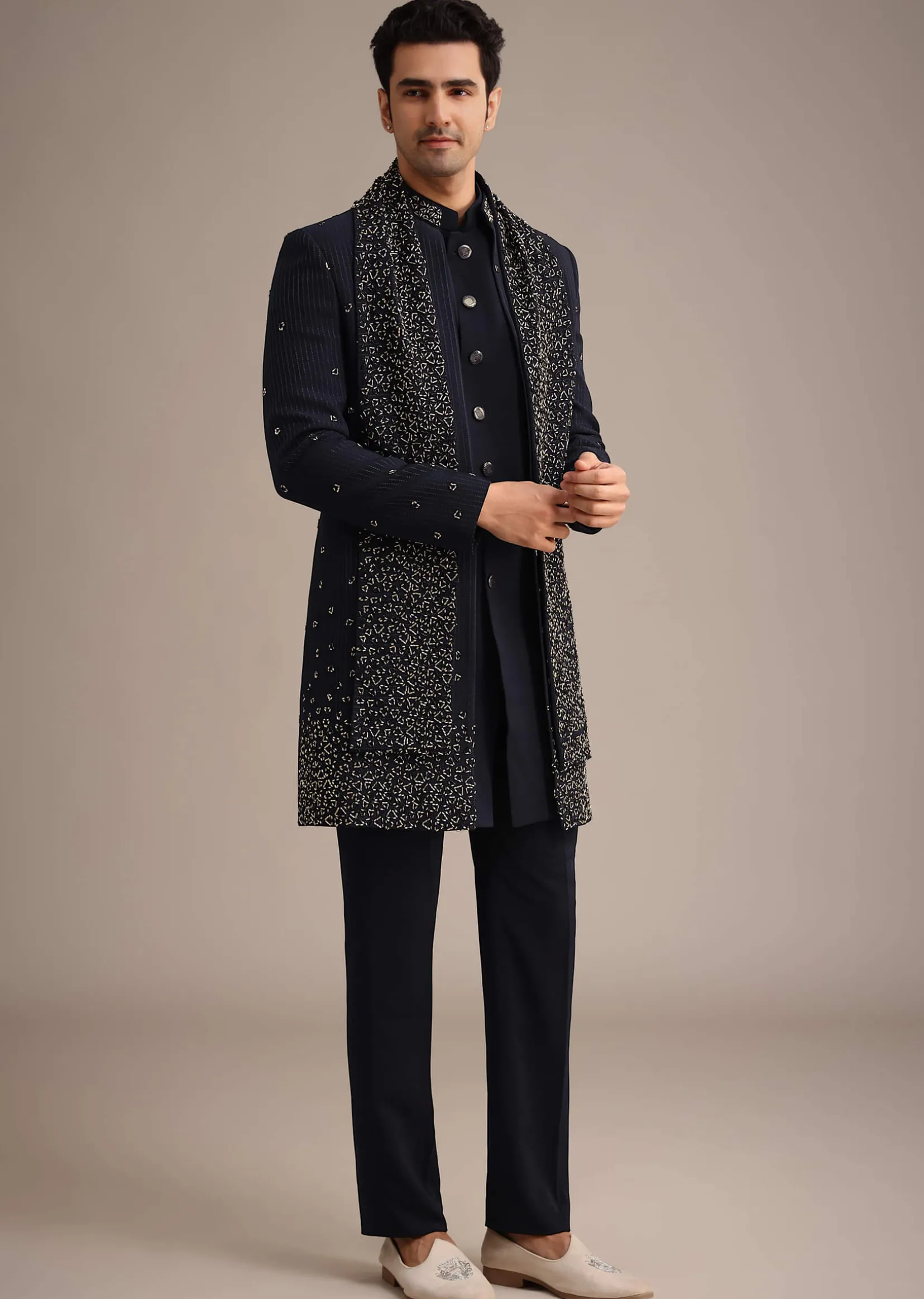 Navy Blue Cutdana Work Indowestern Set