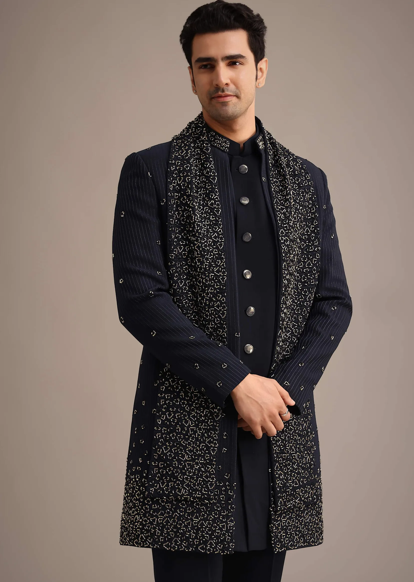 Navy Blue Cutdana Work Indowestern Set
