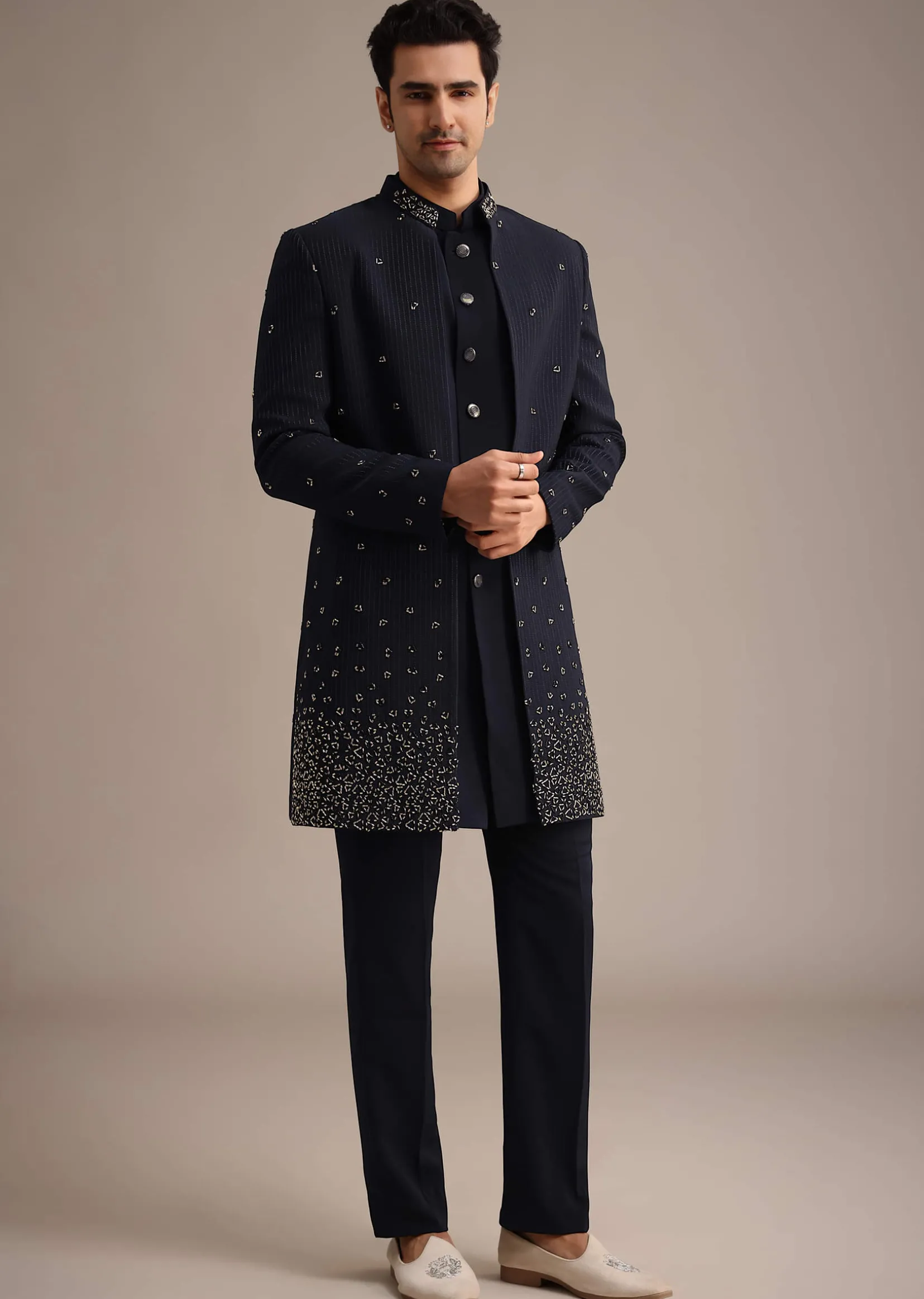Navy Blue Cutdana Work Indowestern Set