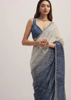 Navy Blue Dual Shaded Sequins Saree With Scalloped Border