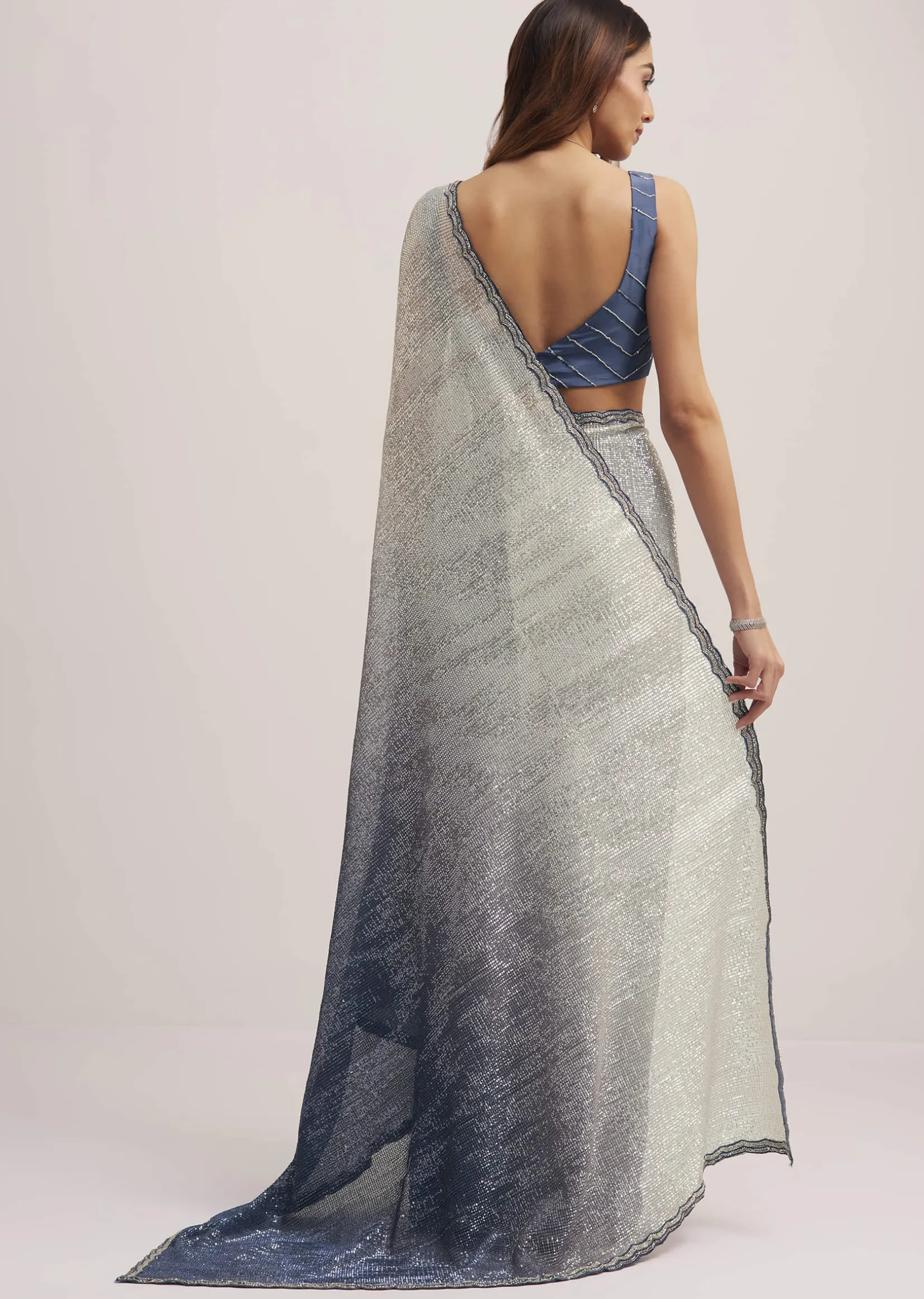 Navy Blue Dual Shaded Sequins Saree With Scalloped Border
