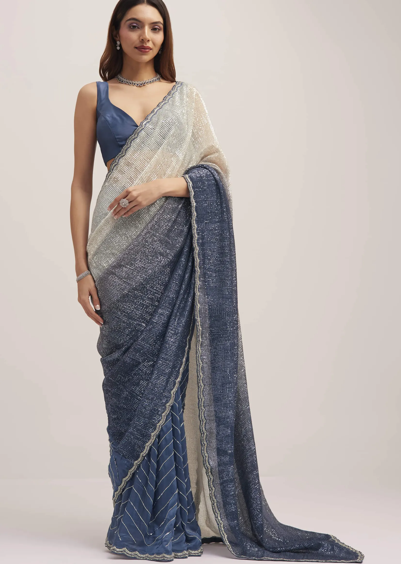 Navy Blue Dual Shaded Sequins Saree With Scalloped Border
