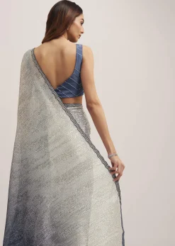 Navy Blue Dual Shaded Sequins Saree With Scalloped Border