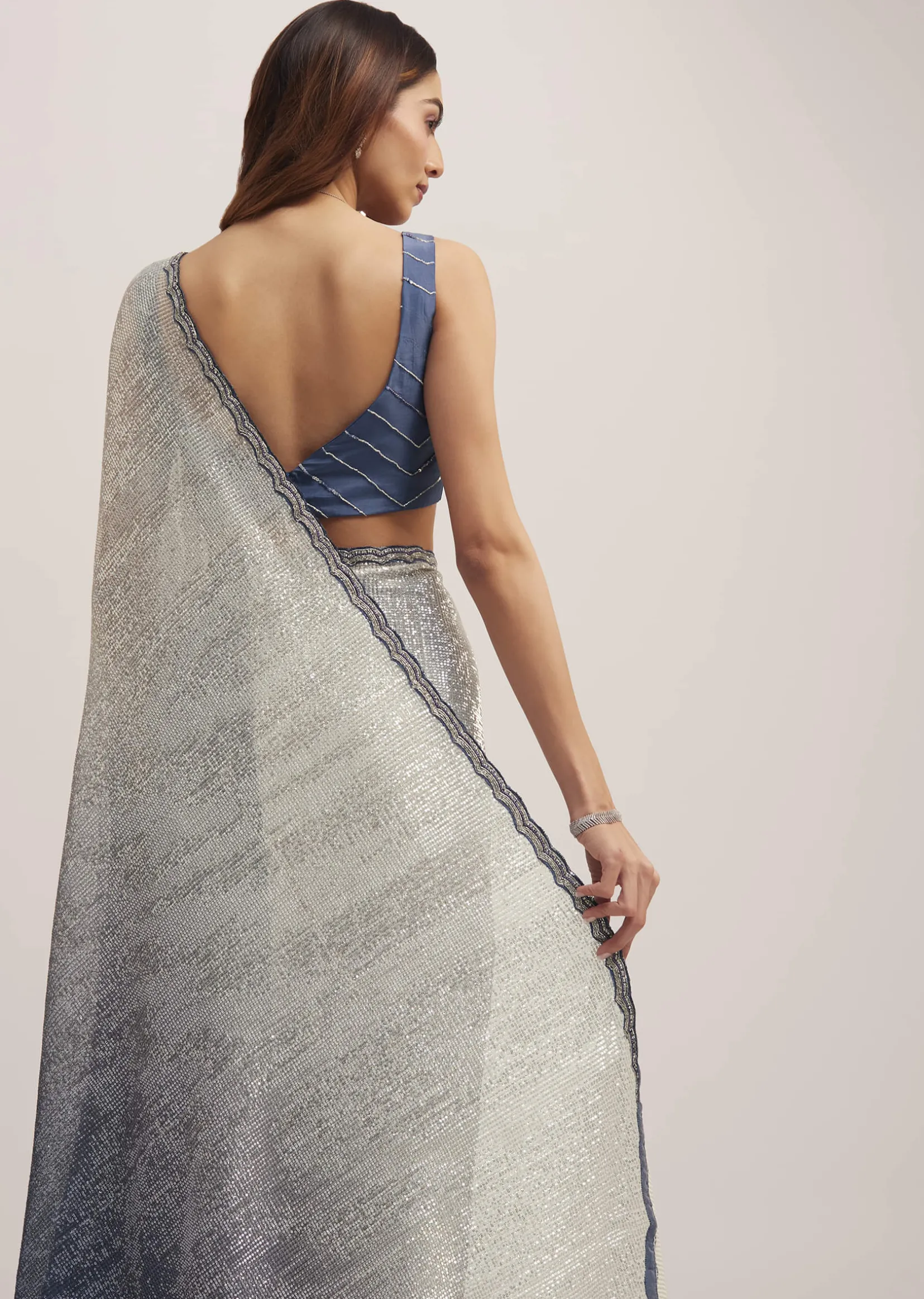 Navy Blue Dual Shaded Sequins Saree With Scalloped Border