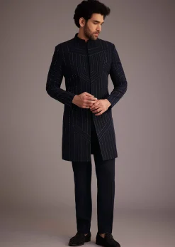 Navy Blue Embroidered Bandhgala Suit