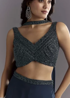 Navy Blue Embroidered Croptop Palazzo With Choker Dupatta