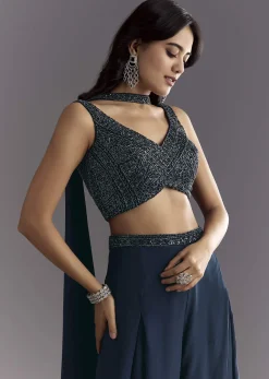 Navy Blue Embroidered Croptop Palazzo With Choker Dupatta