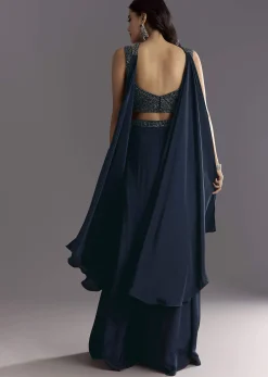 Navy Blue Embroidered Croptop Palazzo With Choker Dupatta