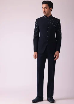 Navy Blue Embroidered Indowestern In Suiting Fabric