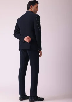 Navy Blue Embroidered Indowestern In Suiting Fabric