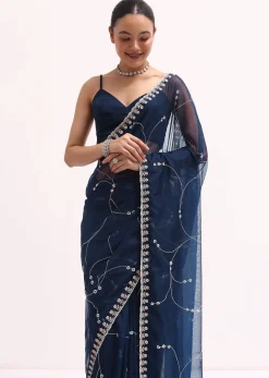 Navy Blue Embroidered Organza Saree With Unstitched Blouse