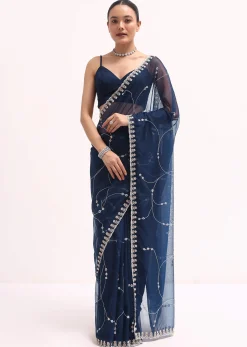 Navy Blue Embroidered Organza Saree With Unstitched Blouse
