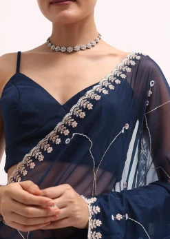 Navy Blue Embroidered Organza Saree With Unstitched Blouse