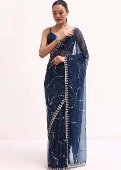 Navy Blue Embroidered Organza Saree With Unstitched Blouse