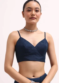 Navy Blue Embroidered Organza Saree With Unstitched Blouse