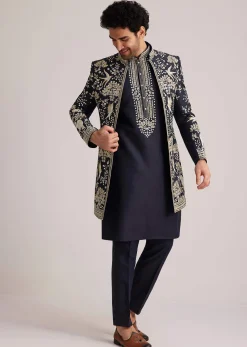 Navy Blue Embroidered Sherwani Kurta Set