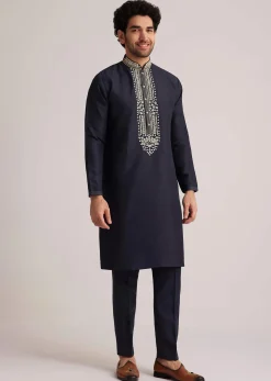 Navy Blue Embroidered Sherwani Kurta Set