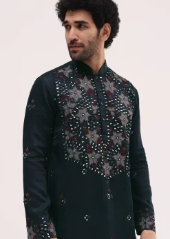 Navy Blue Embroidered Silk Kurta Set For Men