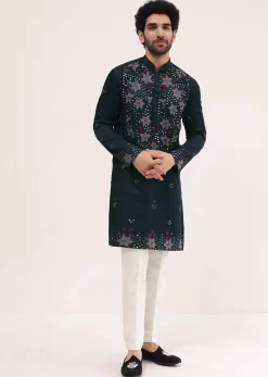 Navy Blue Embroidered Silk Kurta Set For Men