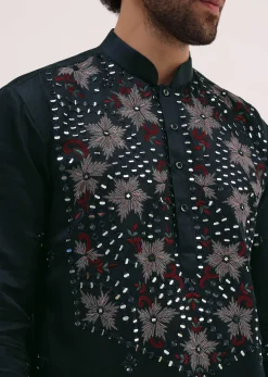 Navy Blue Embroidered Silk Kurta Set For Men