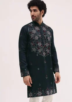 Navy Blue Embroidered Silk Kurta Set For Men
