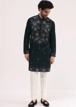 Navy Blue Embroidered Silk Kurta Set For Men