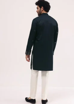 Navy Blue Embroidered Silk Kurta Set For Men