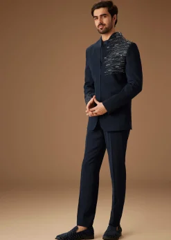 Navy Blue Embroidered Tuxedo Set